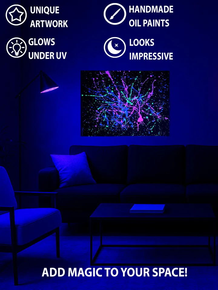 "Night Berlin" neon splash oil painting on canvas fluorescent art abstract art original black light painting