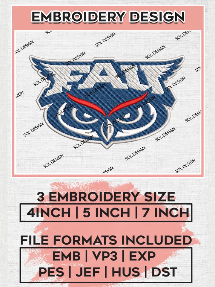 Florida Atlantic Owls Logo Machine Embroidery Design, NCAA FAU Owls Embroidery Design Design files, NCAA Embroidery Designs, NCAA Machine Embroidery Designs, Digital Download