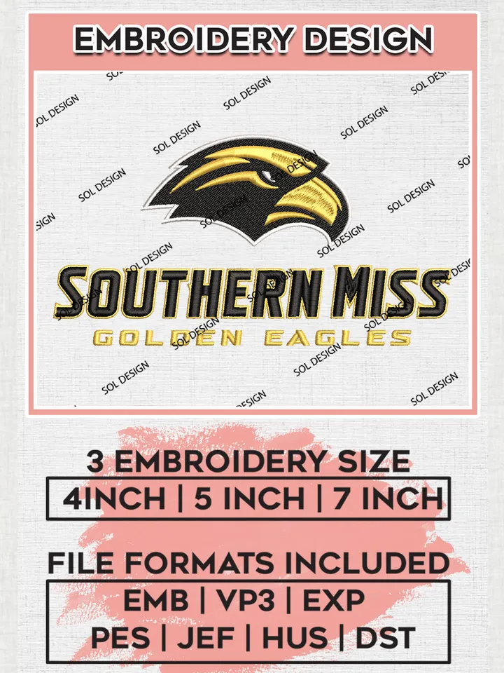 Southern Miss Golden Eagles NCAA Team Logo Embroidery Design Files, NCAA Southern Miss Golden Eagles Machine Embroidery, NCAA Teams, Game Day, 3 sizes, NCAA Machine embroidery designs, Digital Download