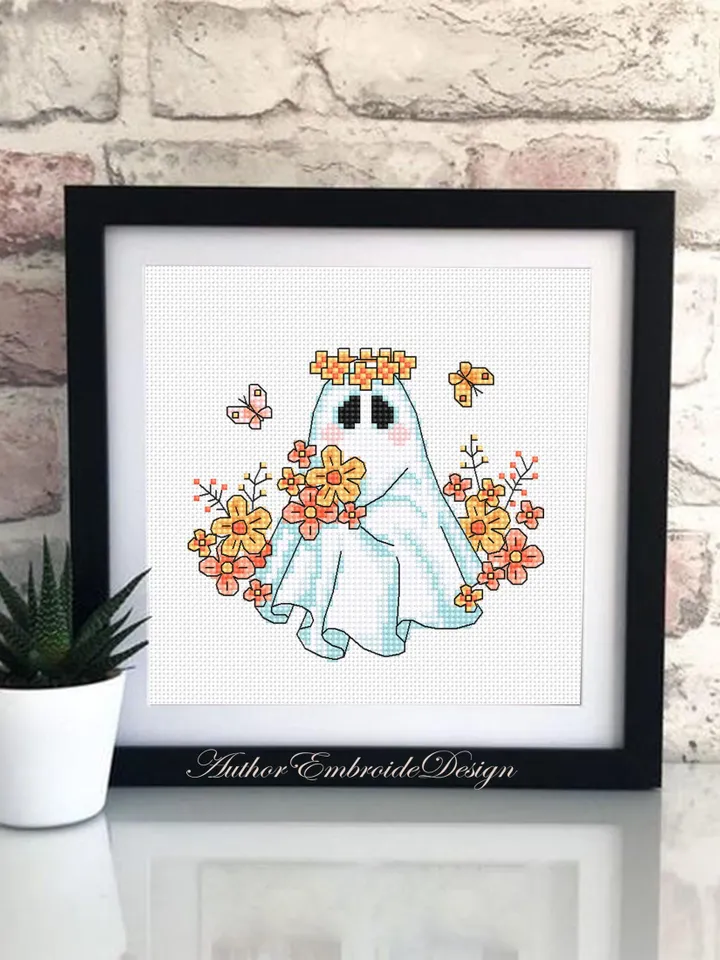 Floral ghost cross stitch pattern PDF download Cute Halloween cross stitch chart, Cute ghost with flowers pattern digital PDF #H86
