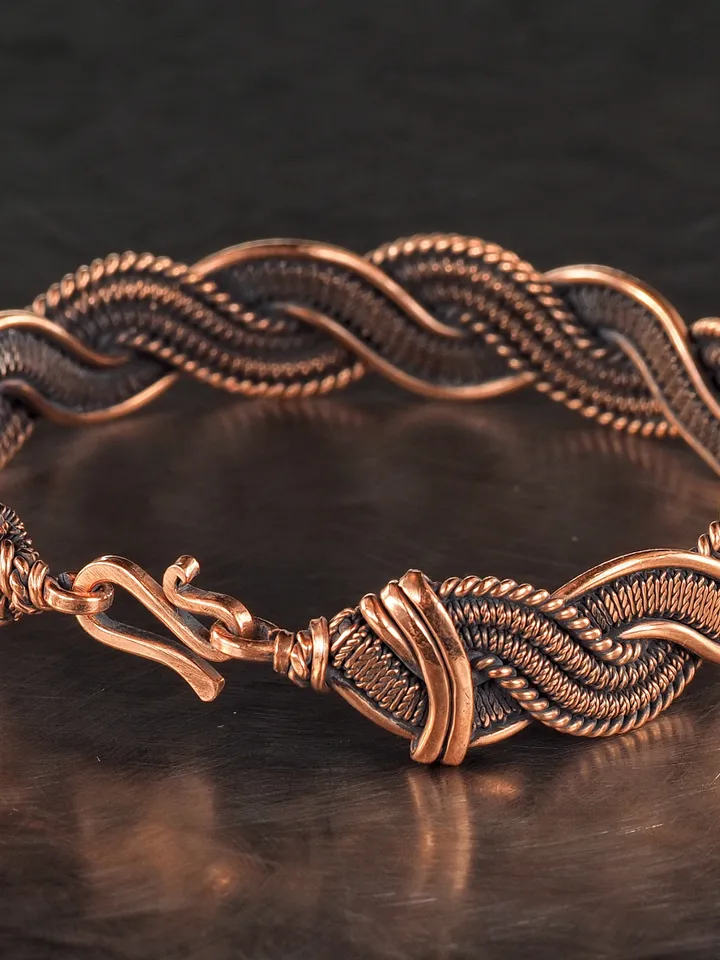 Unique copper wire wrapped bracelet for him or her 7th 22nd Wedding Anniversary gift idea Unique pure copper wire wrapped jewelry Antique style Handmade statement artisan jewellery Healing copper therapy bracelet bangle arthritis pain relief Wearable art