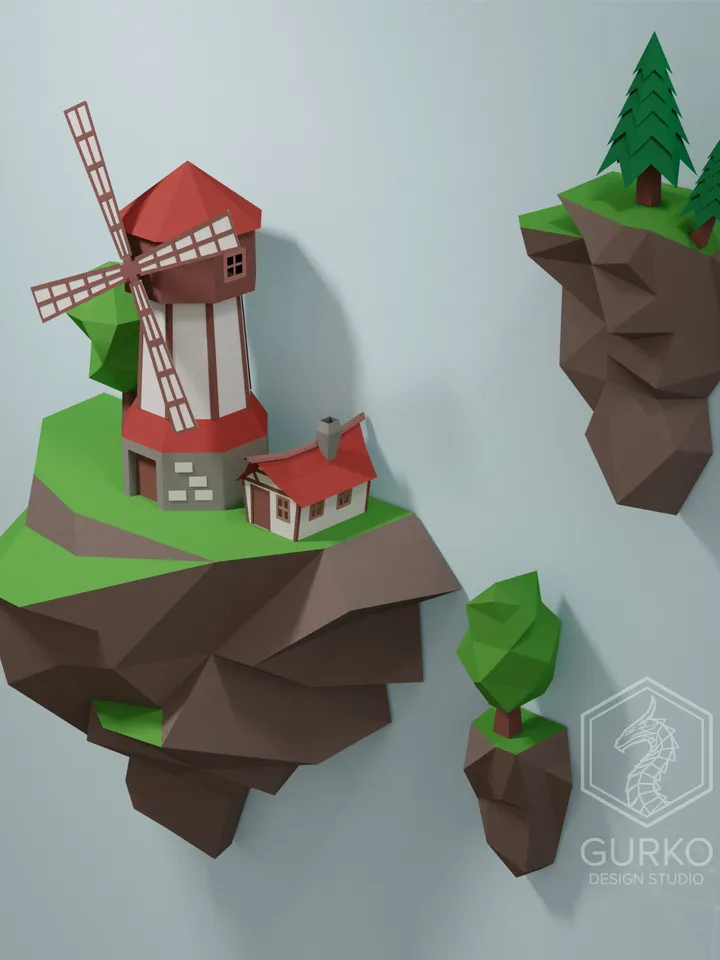 Papercraft Flying Island. Mill, Digital Template, PDF Download, Gurko, 3D Low Poly, Pepakura, DIY Origami Sculpture, Paper Decor, DIY Gift