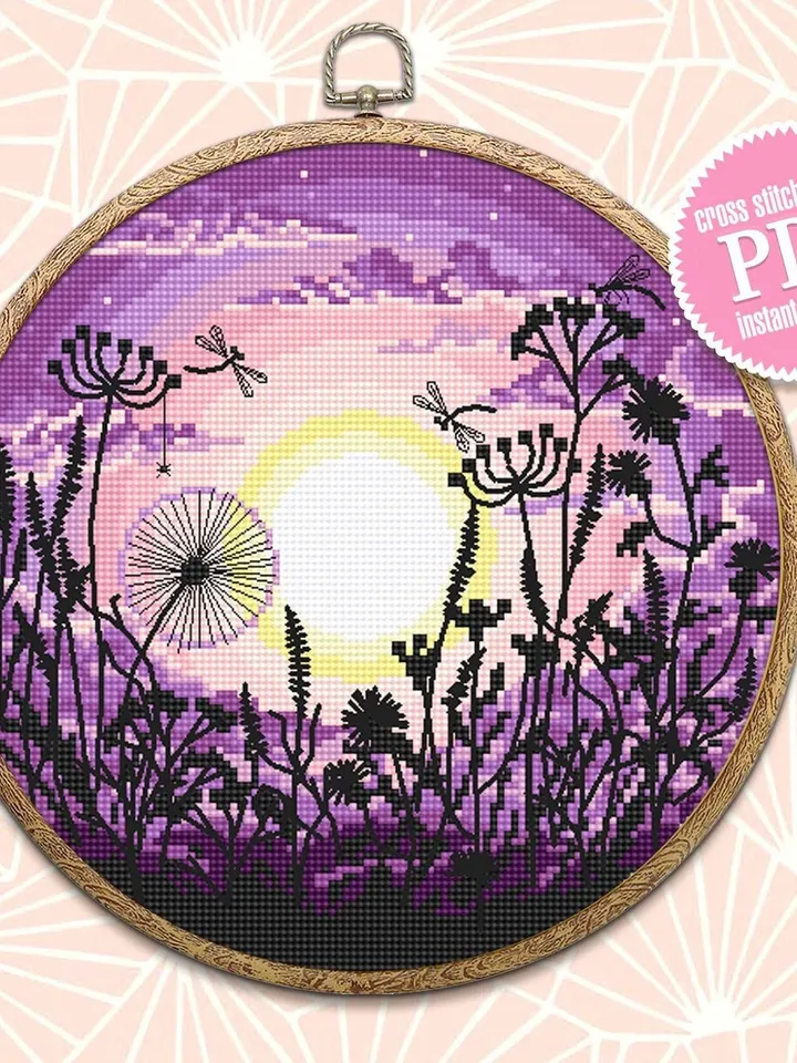 Nature cross stitch pattern download PDF Summer wildflower meadow cross stitch, Nature hoop art embroidery PDF, Flowers cross stitch #L54