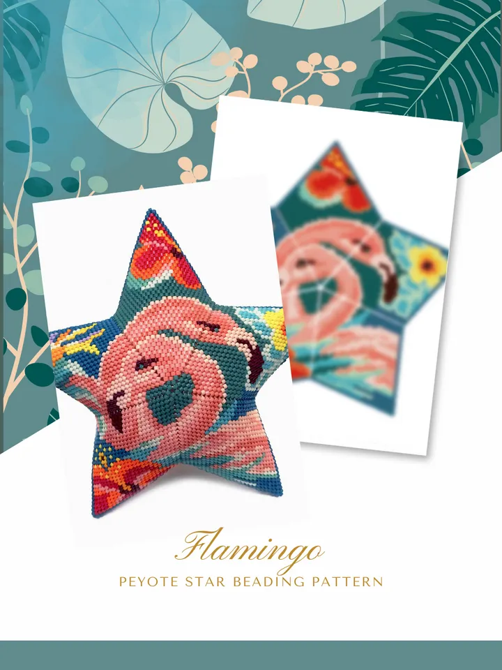 Flamingo with Tropical Flowers, 3D Peyote Star Beading Pattern, Seed Bead Floral Ornament, Beaded Star PDF Pattern