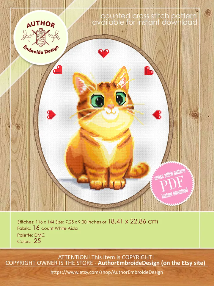 Cute orange cat cross stitch pattern download PDF Animal cross stitch chart, Cat embroidery PDF, Kitten cross stitch, Gift for cat lover #K1