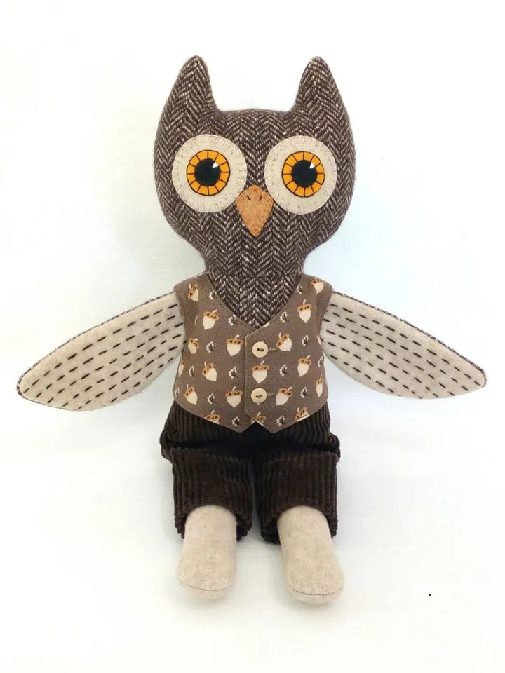 Owl boy, textile plush doll, handmade wool owl, stuffed bird toy