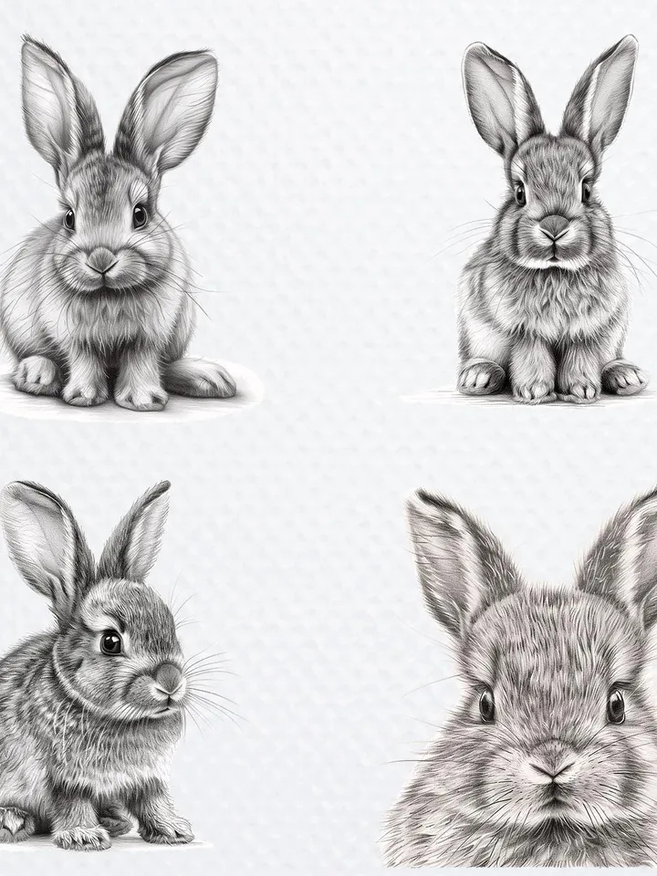 12 Bunny Black White PNG Bundle, Line Art Clipart, Printable Watercolor Sublimation, Digital download, Paper craft, junk journal