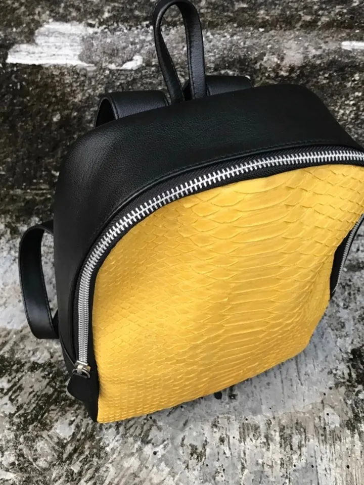 Genuine python skin small backpack | leather backpack yellow | small designer rucksack | Exotic leather bags | Women handmade bags