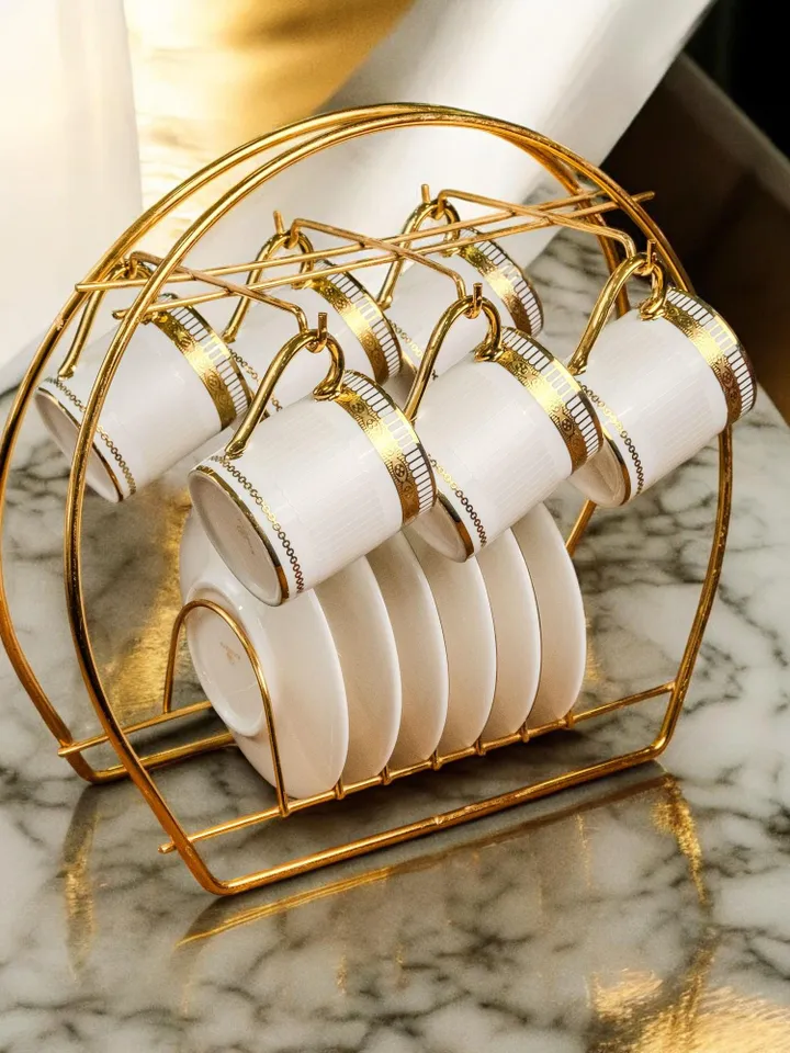 14K Genuine Gold Powder Porcelain Tea Cups And Saucers | Tea Cups Saucers Set | Gold Porcelain Set | Elegant Teaware | Gift For Tea Lovers