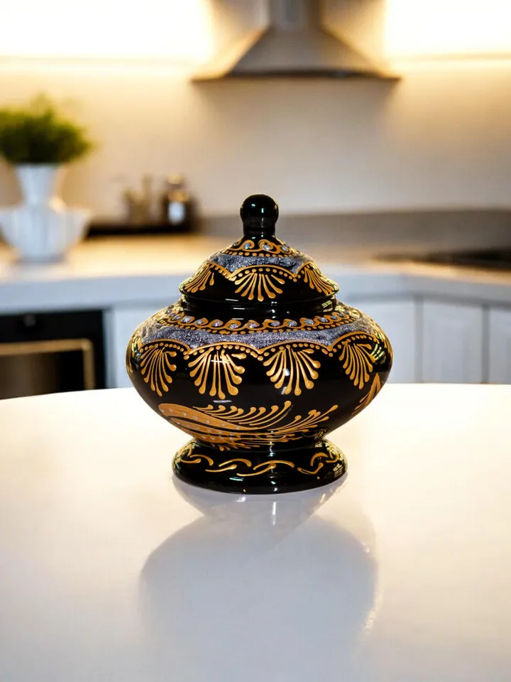 Hand-Painted Gold Accent Sugar Bowl with Lid