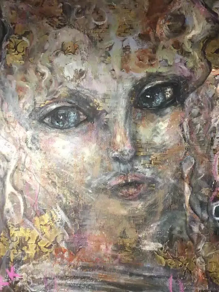 Fantasy woman-cat original acrylic mix media painting on canvas,one of a kind.