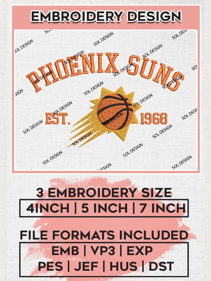 NBA Phoenix Suns Basketball Team Est Logo Embroidery Design, NBA Phoenix Suns Logo Embroidery Files, Basketball Team Machine Embroidery, Machine Embroidery Design