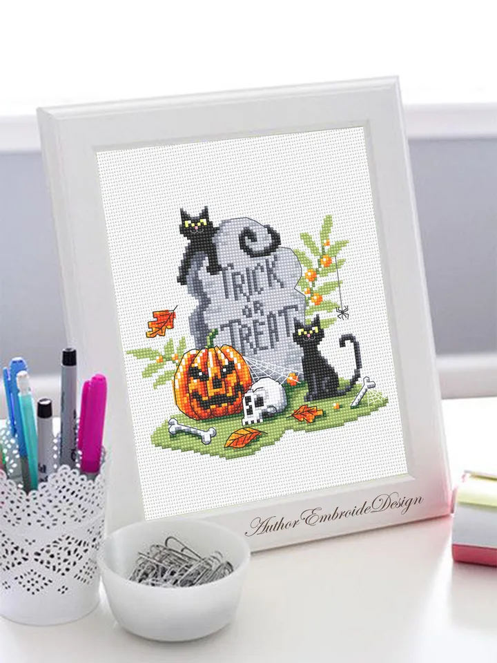 Halloween cross stitch pattern PDF download Black cat cross stitch chart, Trick or Treat Halloween pattern digital PDF, Halloween grave #H75