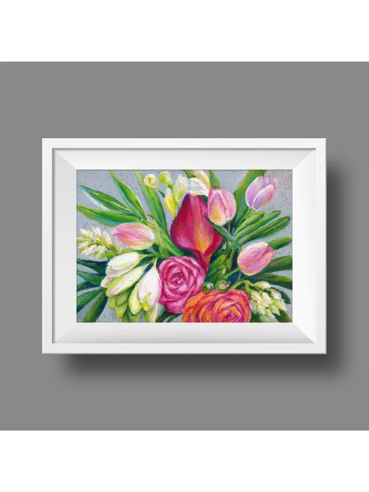 Bouquet of flowers Calla Roses Tulips Oil Pastel drawing on A4 craft paper