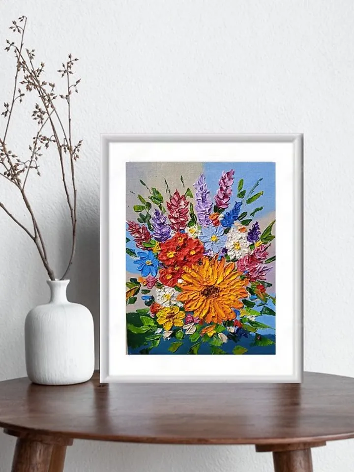 Oil Painting Bright Flowers Chamomile Sunflowers Impasto Art Miniature 15x20 cm