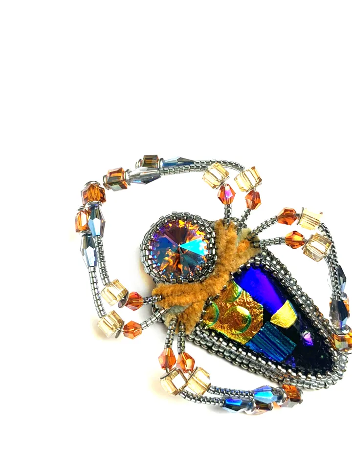 Orange spider brooch, Beaded insect brooch