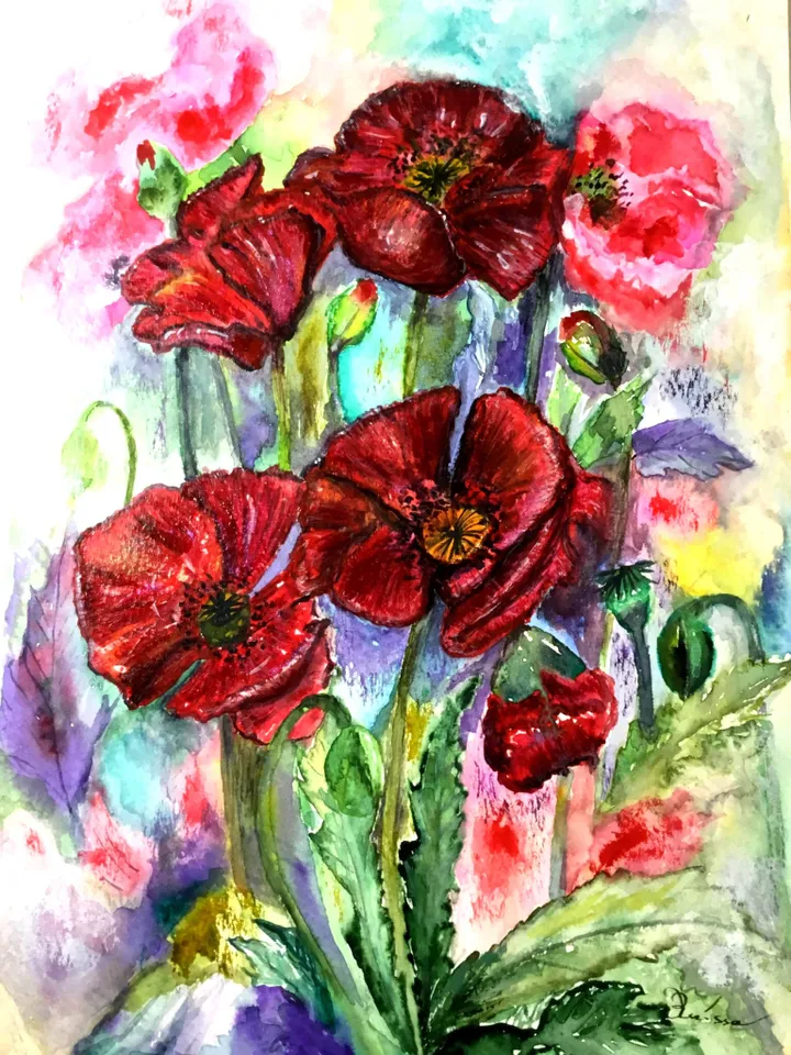 Poppies painting.Bright red flowers on abstract background ,watercolour original painting,framed.Gift for her.
