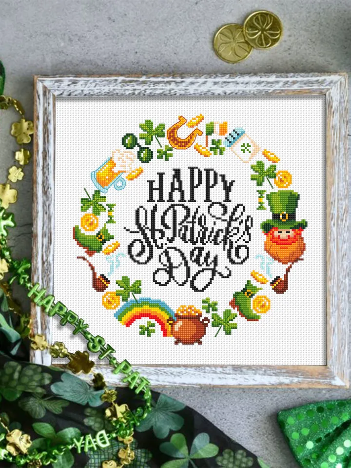 St Patricks wreath cross stitch pattern download PDF St Patrick day cross stitch, Irish pattern digital PDF, Saint Patrick home decor #T33