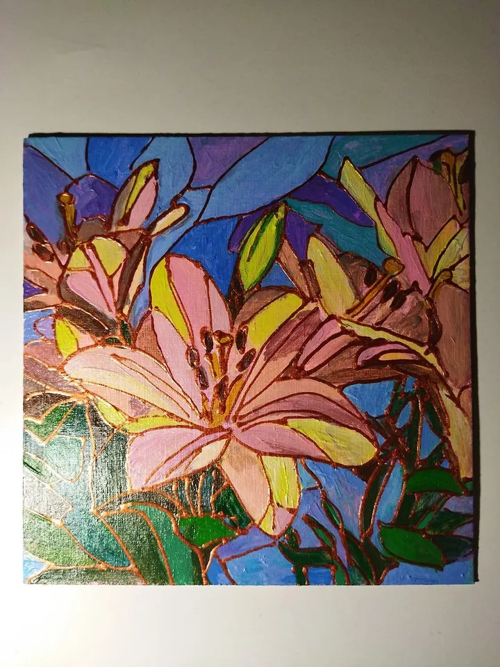 Yellow lily flowers small oil painting