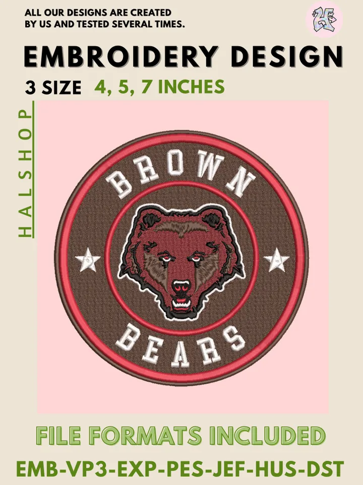 NCAA Brown Bears Team Mascot Logo Embroidery Design Files, NCAA Brown Bears Machine Embroidery, NCAA Teams, 3 Sizes, Digital Download