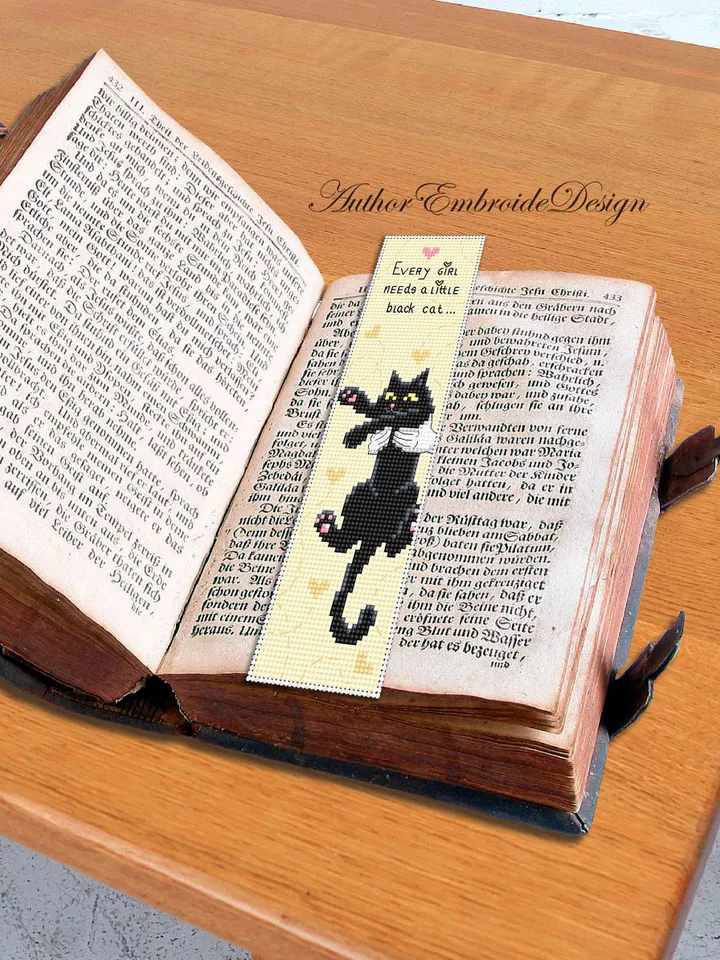 Cat bookmark cross stitch pattern download PDF Black cat cross stitch chart, Funny bookmark digital pattern PDF, Cat mom embroidery #B319