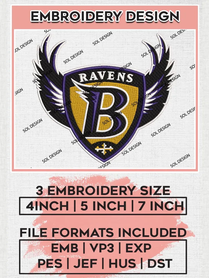 NFL Baltimore Ravens Embroidery Design, NFL Ravens, NFL Embroidery Designs, NFL Baltimore Ravens Machine Embroidery Design, Digital Download