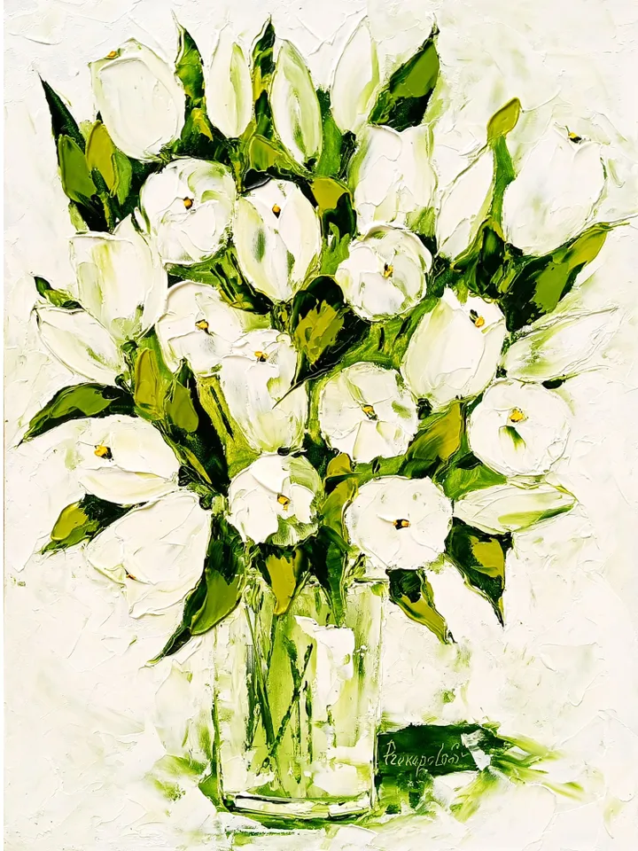 Tulip Painting Floral Original Art Flower oil painting original Impasto Green Flower Painting 16x12 inch