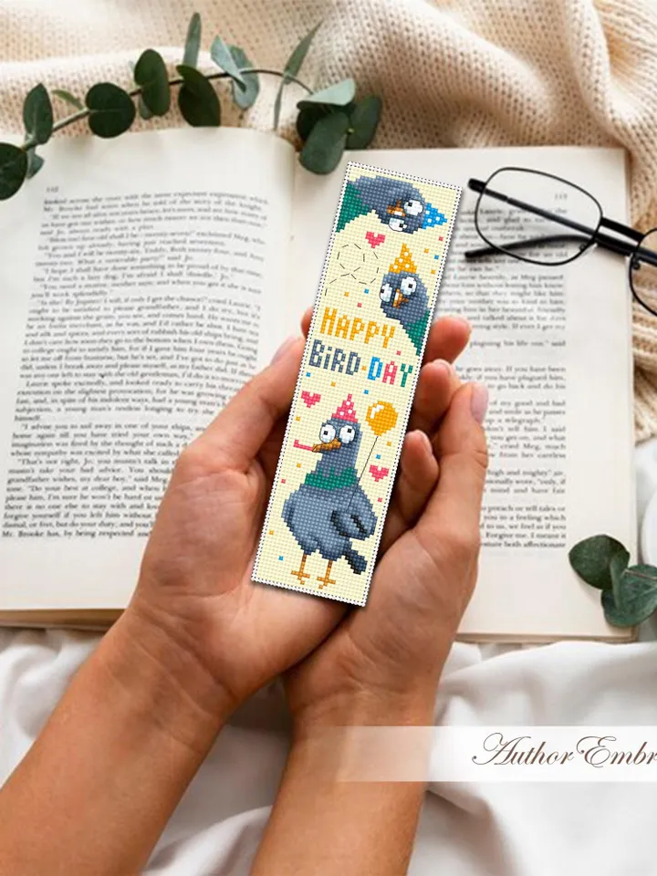 Birthday bookmark cross stitch pattern PDF download Pigeon cross stitch chart, Bookmark pattern digital PDF for beginners, Funny birds #B459