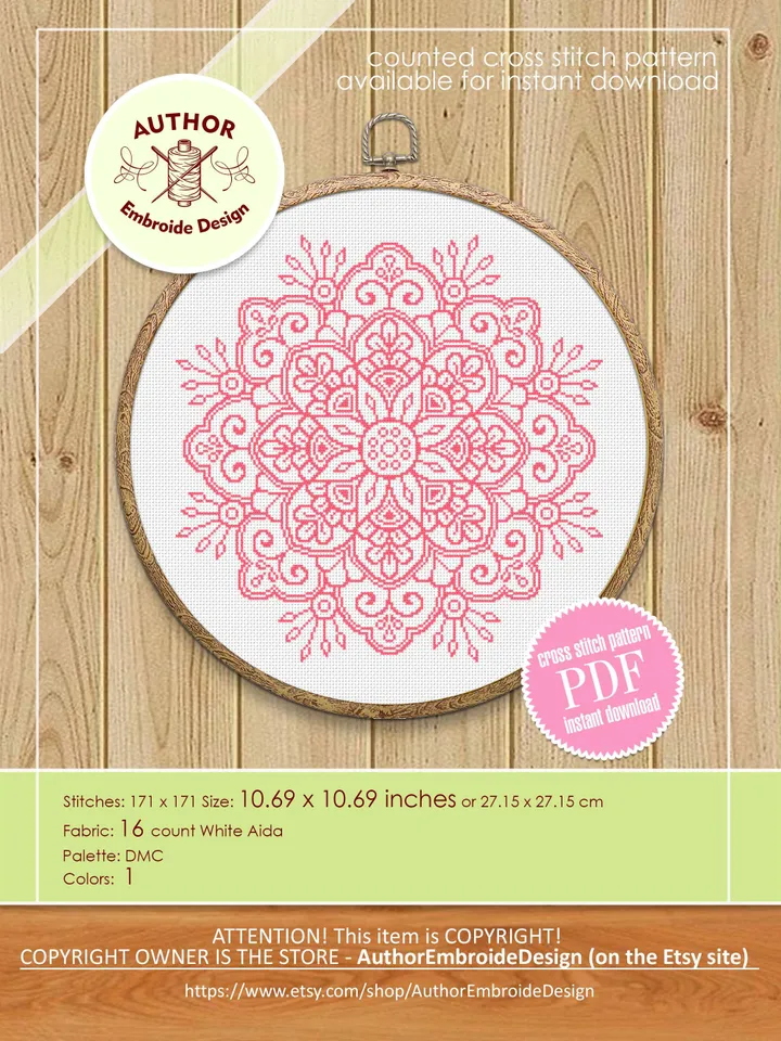 Flower mandala cross stitch pattern PDF download Mandala ornament cross stitch chart, Simple mandala pattern digital PDF for beginner #M275