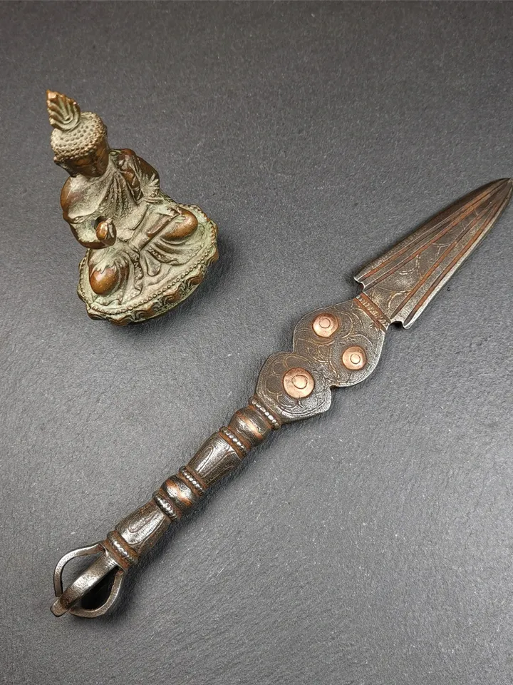 Gandhanra Tibetan Buddhism Ritual Implement Dorje Phurba(Kila Dagger),Dharma Ritual,Altar Tool,Made of Cold Iron inlaid Copper