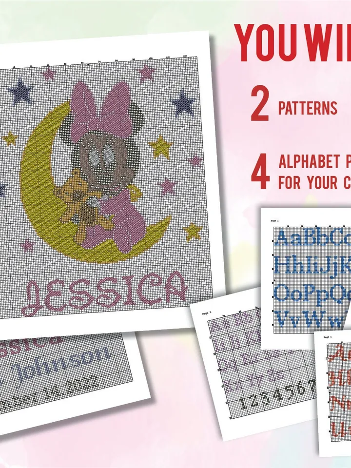 Minnie Birth announcement cross stitch pattern, Mouse, baby, personalized, girl nursery, counted, chart, gift DIY, embroidery, instant PDF