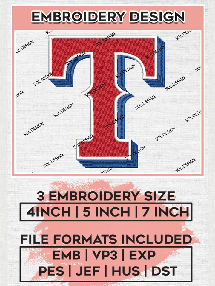 Texas Rangers MLB Logo Embroidery Design Files, MLB Texas Rangers Team Embroidery, MLB Teams, 3 sizes, MLB Machine embroidery designs, Digital Download