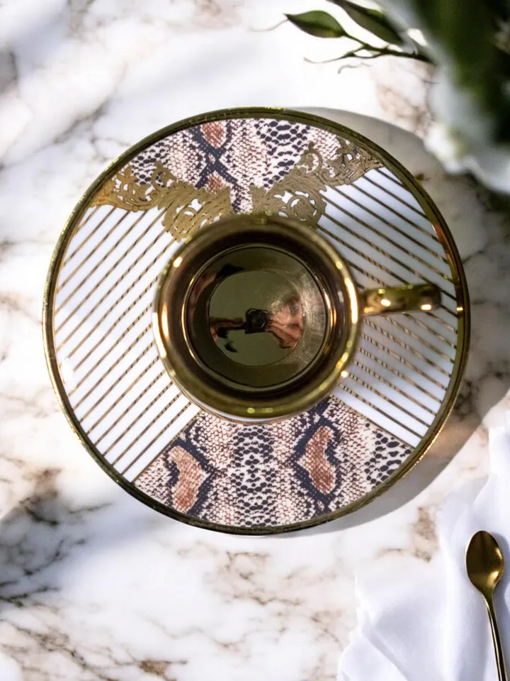 White and Gold Tea Cups and Saucers Set | Elegant White Porcelain Tea Cup Set with Golden Detailing | Elite Design Perfect Gift Idea