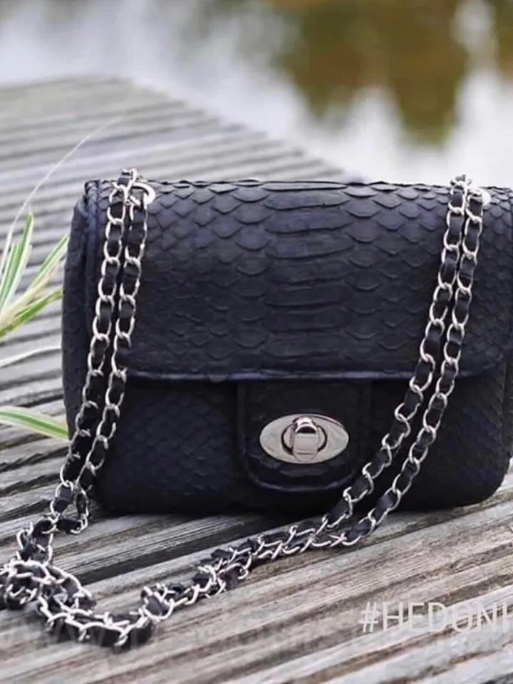 Genuine python skin adjustable chain crossbody black women classy MINI bag, classy evening bag, leather small black bag, black purse