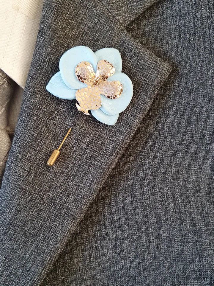 Blue orchid men's lapel pin Leather boutonniere for him 3rd anniversary gift