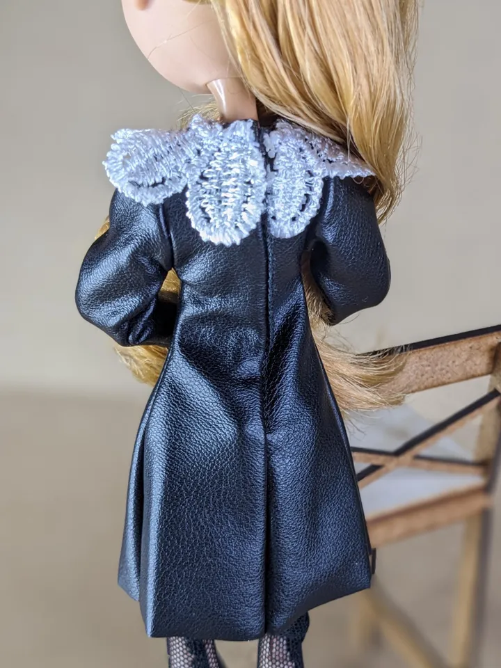 Handmade black leather mini dress for 10.5-inch female dolls (MH, EAH)