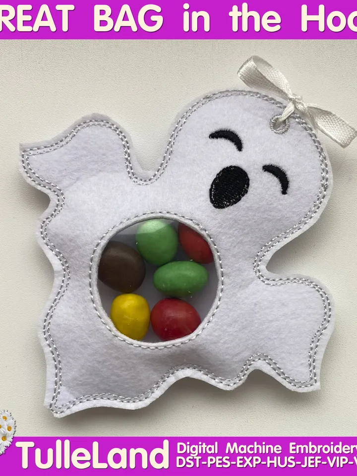 In The Hoop Machine Embroidery design ITH Peekabo Bag Halloween Ghost Witch Skeleton Spooky Treat Bag ITH Pattern. Included 5 sizes!