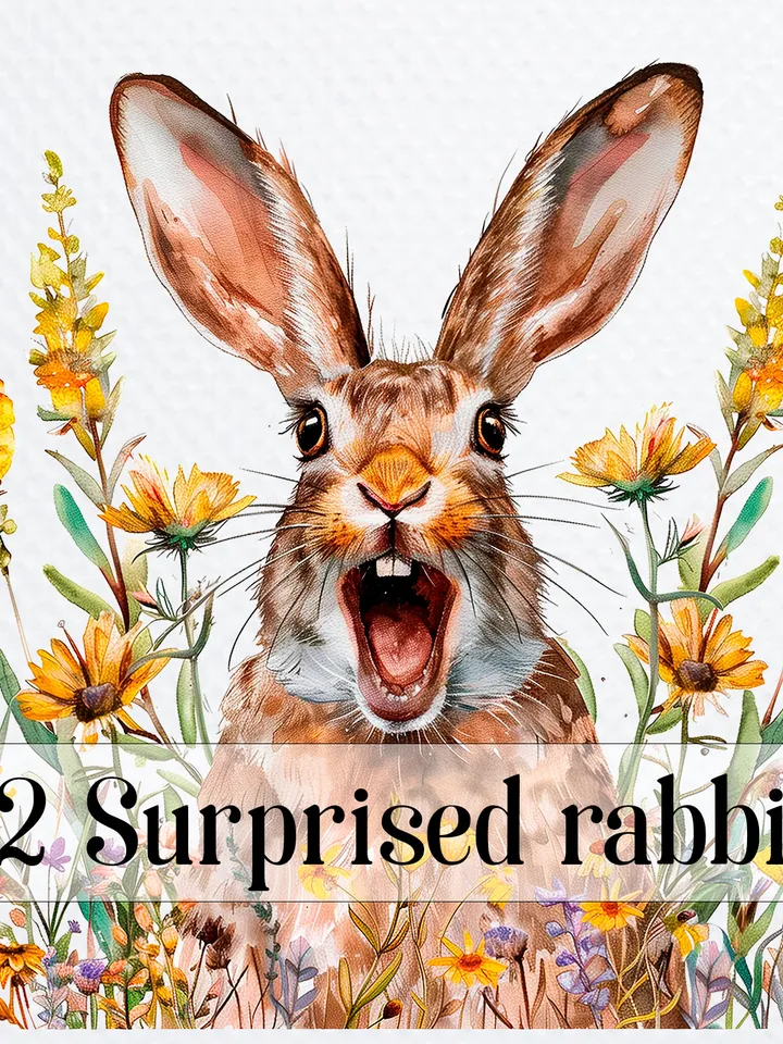 12 Surprised Rabbit PNGs Clipart, Amazed Hare png for sublimation, Printable Watercolor clipart, , Paper Rabbit crafts, junk journals