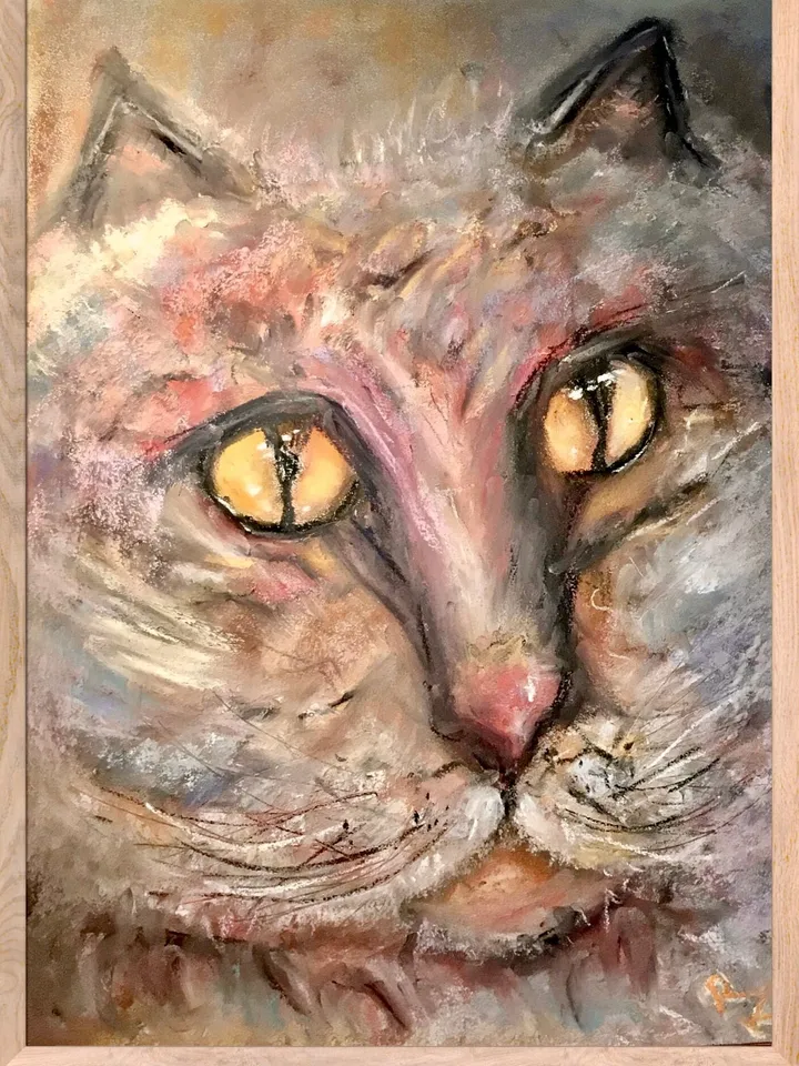 Fluffy cat original soft pastel painting,funny animals wall art,kids room decoration,nursery room painting,pink cat pastel painting,gift.