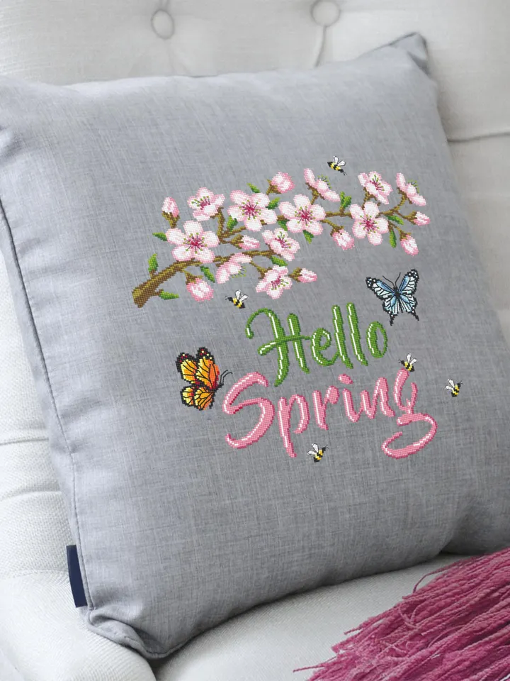 Hello spring cross stitch pattern PDF download Cherry blossom cross stitch chart, Floral pattern digital PDF Sakura flower cross stitch #Q66