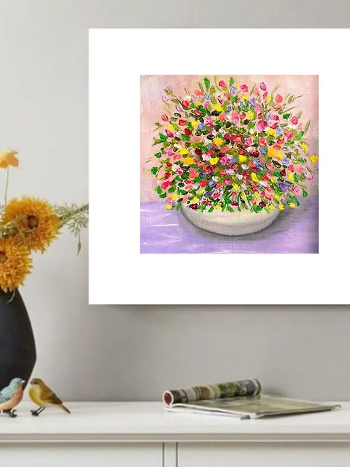 Oil Painting Bright Flowers in a White vase Impasto Art Miniature 6 x 6 inches