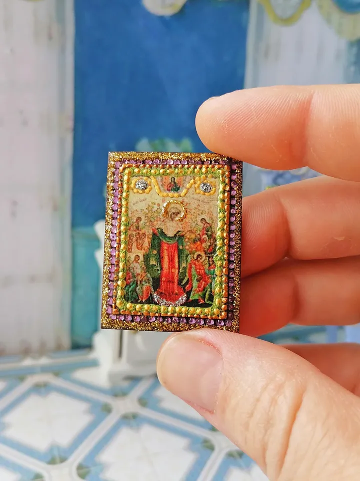 Miniature icon. Christmas icon.1:12 scale.Dollhouse miniature. Christmas. 1:12.Handmade. Icon with rhinestones.