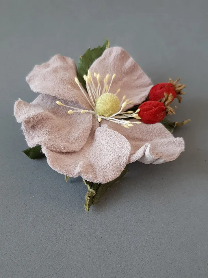 Leather brooch Rose hip for her , 3rd anniversary gift for wife, Leather women's jewelry