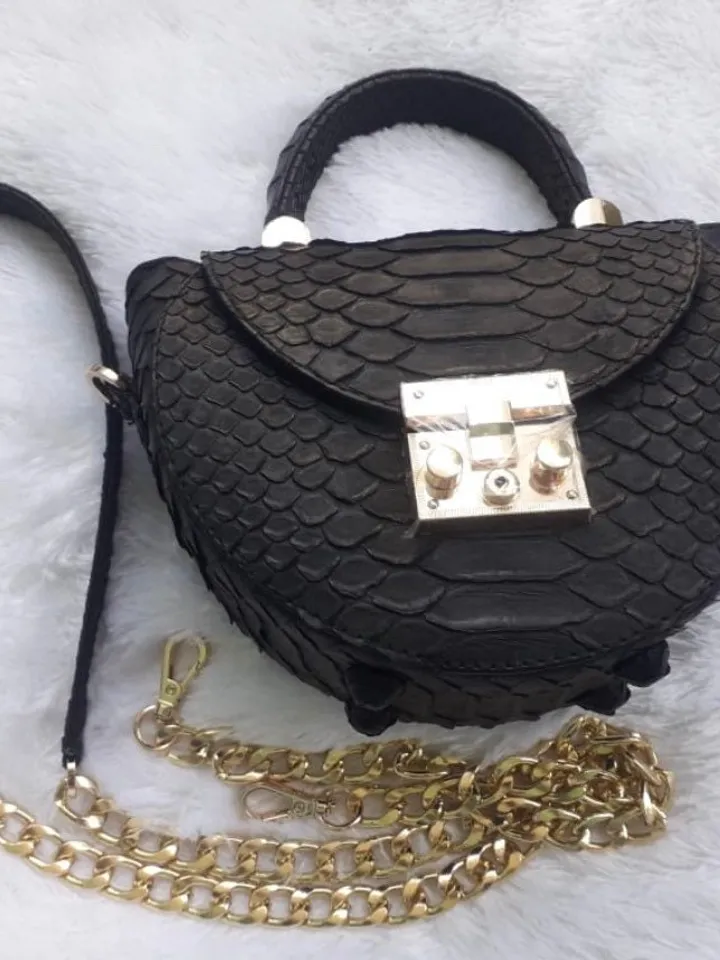 Genuine Python Skin Crosshandle Elegant Black Bag | Exotic Leather Bags | Designer Bags | Handmade Chain Crossbody Handle Women Classy Purse