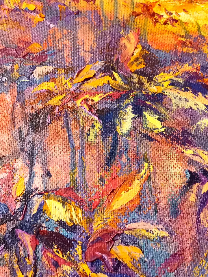 Sunset Oil Painting Original Art Palm Trees Pond Tropics Artist Svinar Oksana