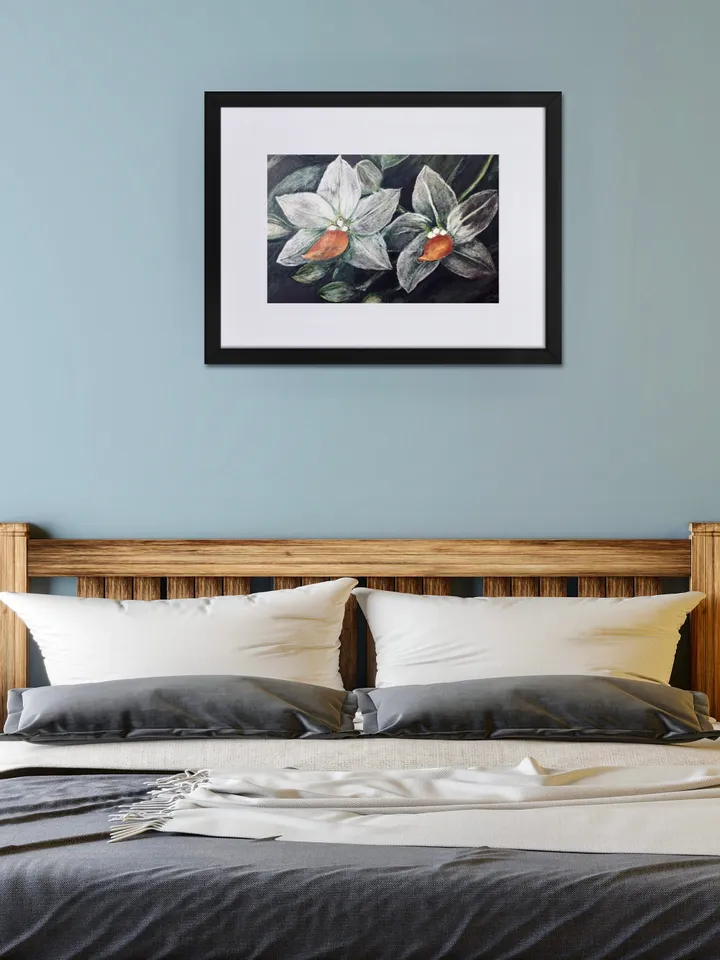 White orchids on black background Matte Paper Framed Poster,orchids painting,flowers wall art,home decoration gift.