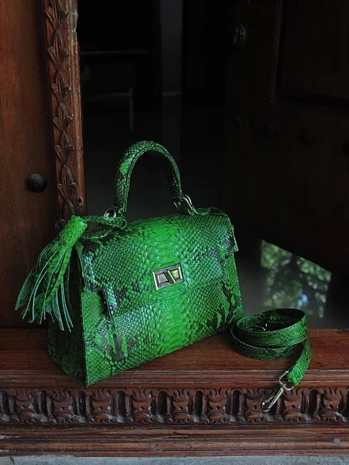 Top handle bright green classy genuine python skin bag | exotic leather bags | Elegant everyday women purse | snakeskin bag| designer bag