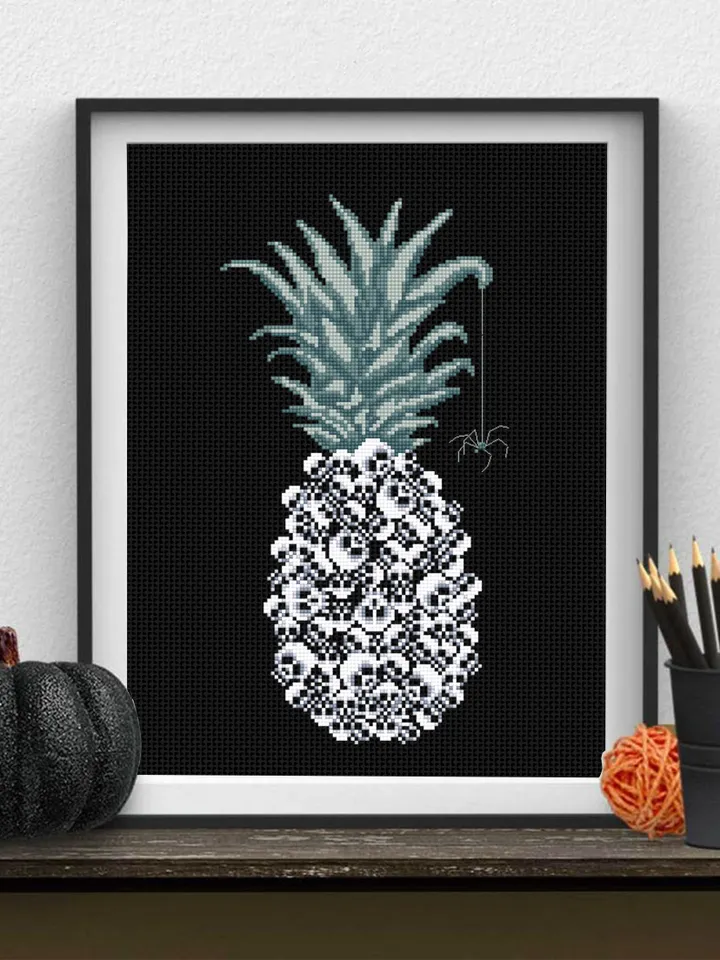 Pineapple skull cross stitch pattern download PDF Gothic cross stitch chart, Halloween skulls embroidery PDF Gothic halloween Skull art #H56