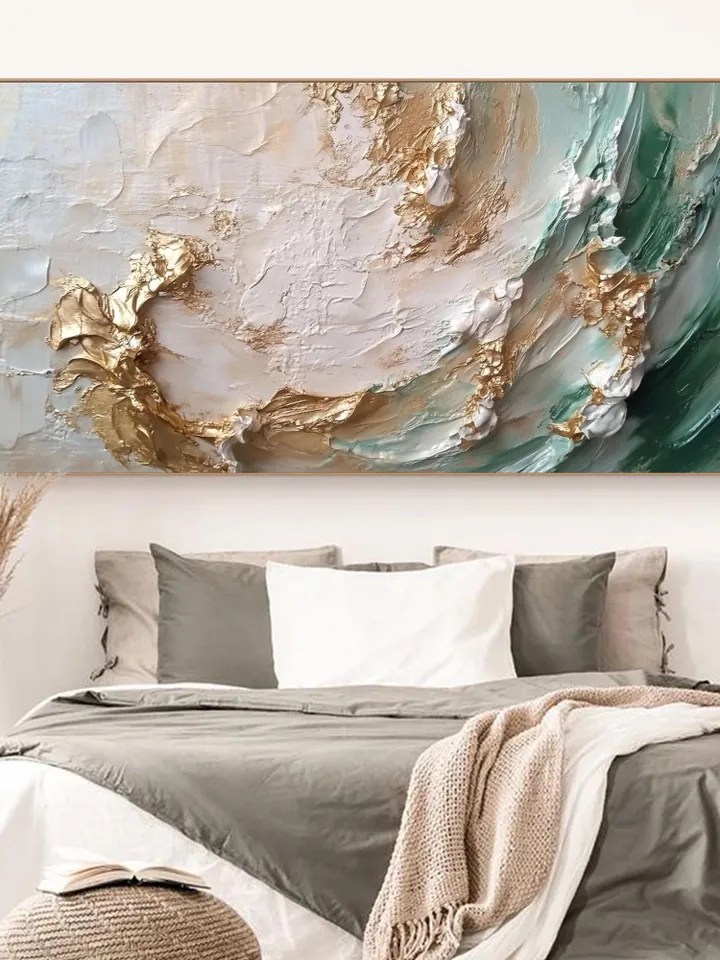 Original Abstract Golden Waves Oil Painting on Canvas | Elegant White, Gold, and Teal Art | Large Textured Wall Decor | Living room Wall Art