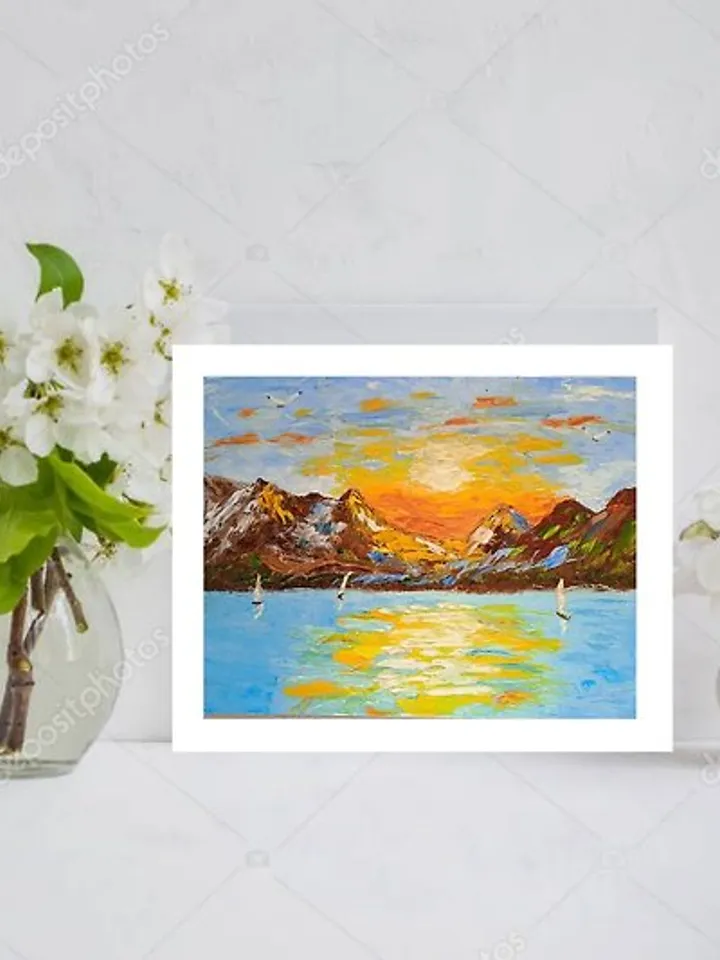 Sunset at sea Seascape Sailboats at sunset Orange sunset Original painting